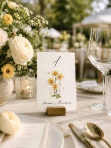 Número de mesa de boda con ilustración de árnica en acuarela, impreso sobre papel artesanal y colocado en una mesa decorada con flores.
