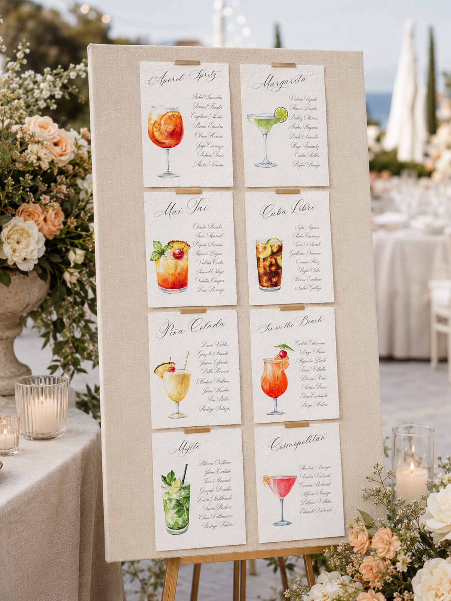 Números de mesa y seating plan Cócteles en acuarela
