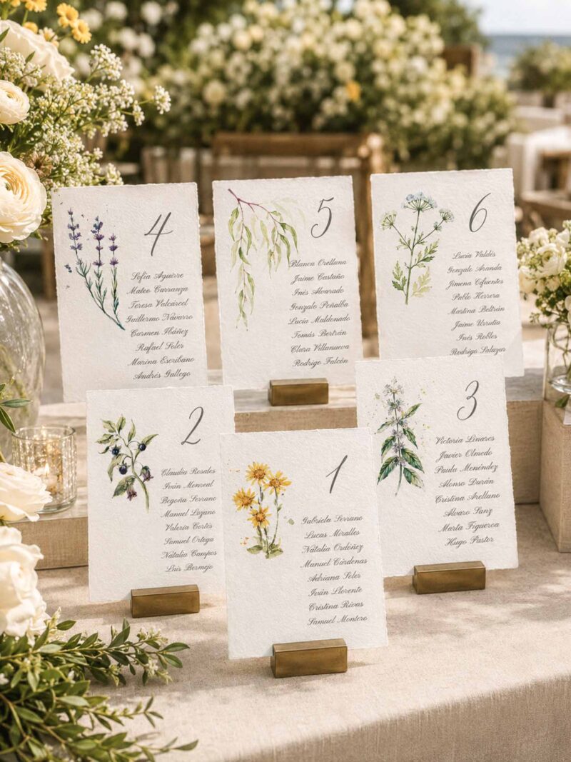 Seating plan de boda con tarjetas de plantas medicinales en acuarela, impresas sobre papel artesanal y colocadas en soportes dorados.