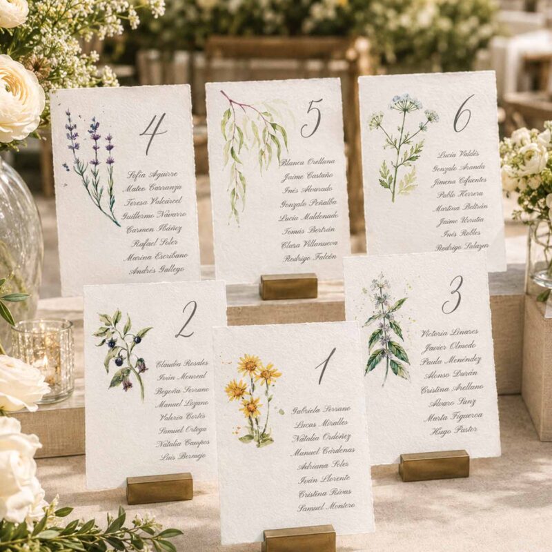 Seating plan de boda con tarjetas de plantas medicinales en acuarela, impresas sobre papel artesanal y colocadas en soportes dorados.
