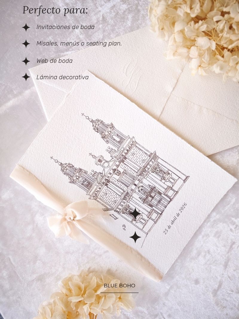 Ilustración personalizada del edificio o iglesia de tu boda – Dibujo a plumilla digital