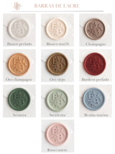 Cartella colori delle barrette di ceralacca per partecipazioni di matrimonio, con tonalità bianco perlato, avorio, champagne, oro, bordeaux, verde, blu e rosa