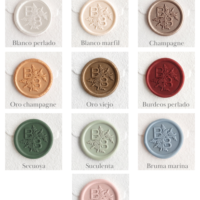 Cartella colori delle barrette di ceralacca per partecipazioni di matrimonio, con tonalità bianco perlato, avorio, champagne, oro, bordeaux, verde, blu e rosa