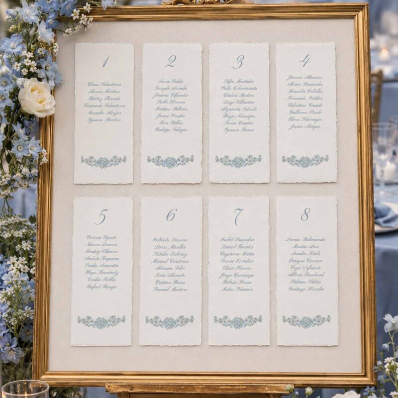 Seating plan de boda en papel artesanal cream con tarjetas individuales, marco dorado y decoración floral en tonos azul suave y blanco.