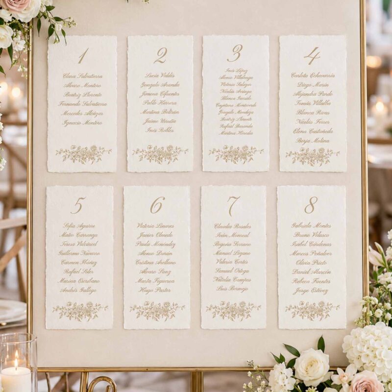 Seating plan de boda clásico con tarjetas en papel artesanal, marco dorado y decoración floral en tonos blanco, verde y rosa empolvado.