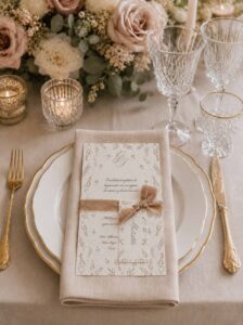 Menú de boda Gadea en papel verjurado con puesto de mesa personalizado y cinta de seda en tonos tierra.