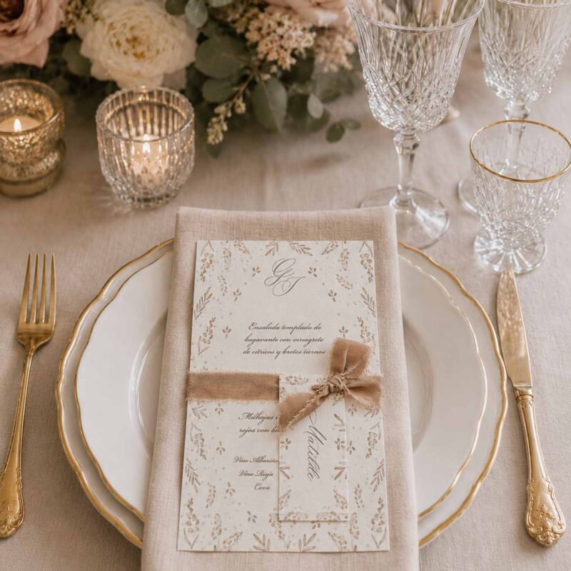 Menú de boda Gadea en papel verjurado con puesto de mesa personalizado y cinta de seda en tonos tierra.