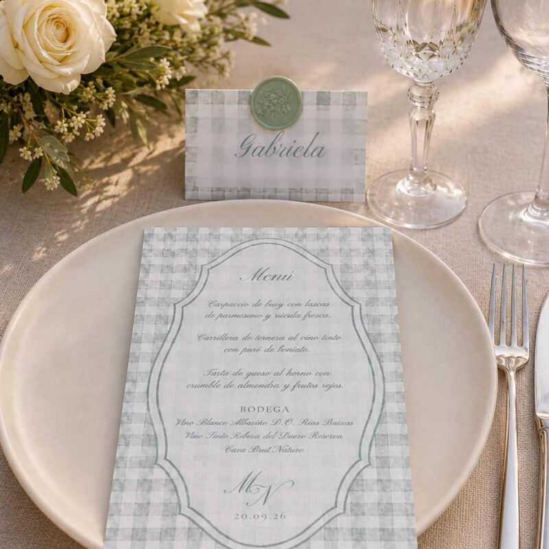 Menú de boda Marietta con puesto de mesa personalizado, diseño vichy verde suave y sello de lacre.