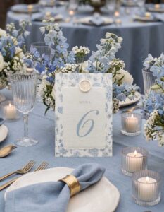 Número de mesa de boda Chloé sobre mesa azul con flores, velas y papel artesanal marfil.