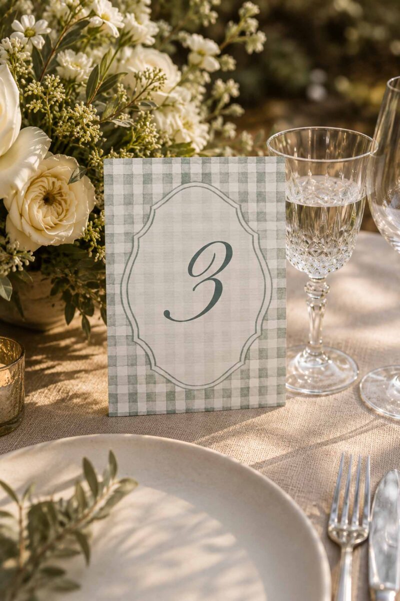 Número de mesa Marietta en formato A6 con diseño de cuadros vichy en verde suave sobre una mesa de boda.