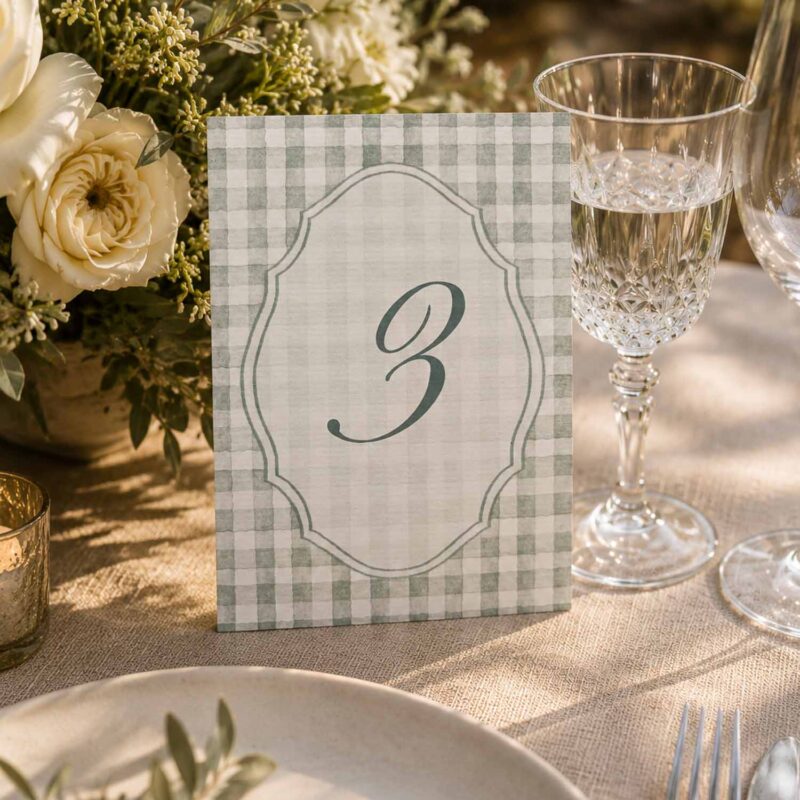 Número de mesa Marietta en formato A6 con diseño de cuadros vichy en verde suave sobre una mesa de boda.