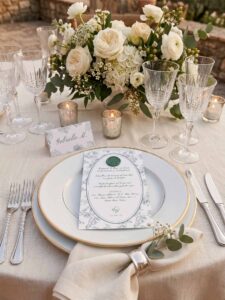 Papelería de mesa Elodie con menú de boda en papel verjurado y puesto de mesa personalizado en verde salvia.