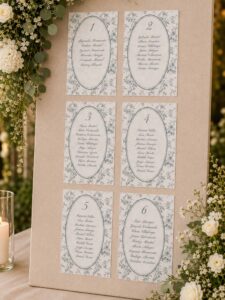 Seating plan de boda Elodie en verde salvia colocado sobre panel de lino con flores blancas y eucalipto.