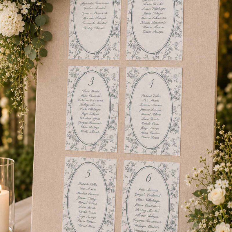 Seating plan de boda Elodie en verde salvia colocado sobre panel de lino con flores blancas y eucalipto.