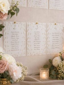 Seating plan de boda Gadea montado sobre panel con tarjetas en tonos tierra y decoración floral.