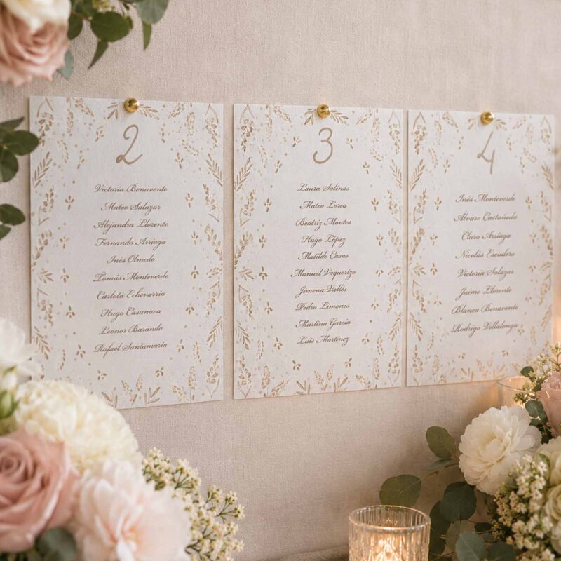 Seating plan de boda Gadea montado sobre panel con tarjetas en tonos tierra y decoración floral.