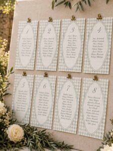 Seating plan de boda Marietta con diseño de cuadros vichy en verde suave colocado sobre panel de lino con decoración floral.