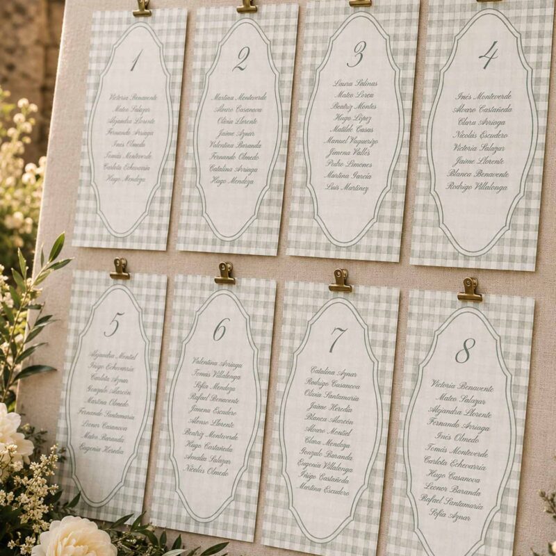 Seating plan de boda Marietta con diseño de cuadros vichy en verde suave colocado sobre panel de lino con decoración floral.