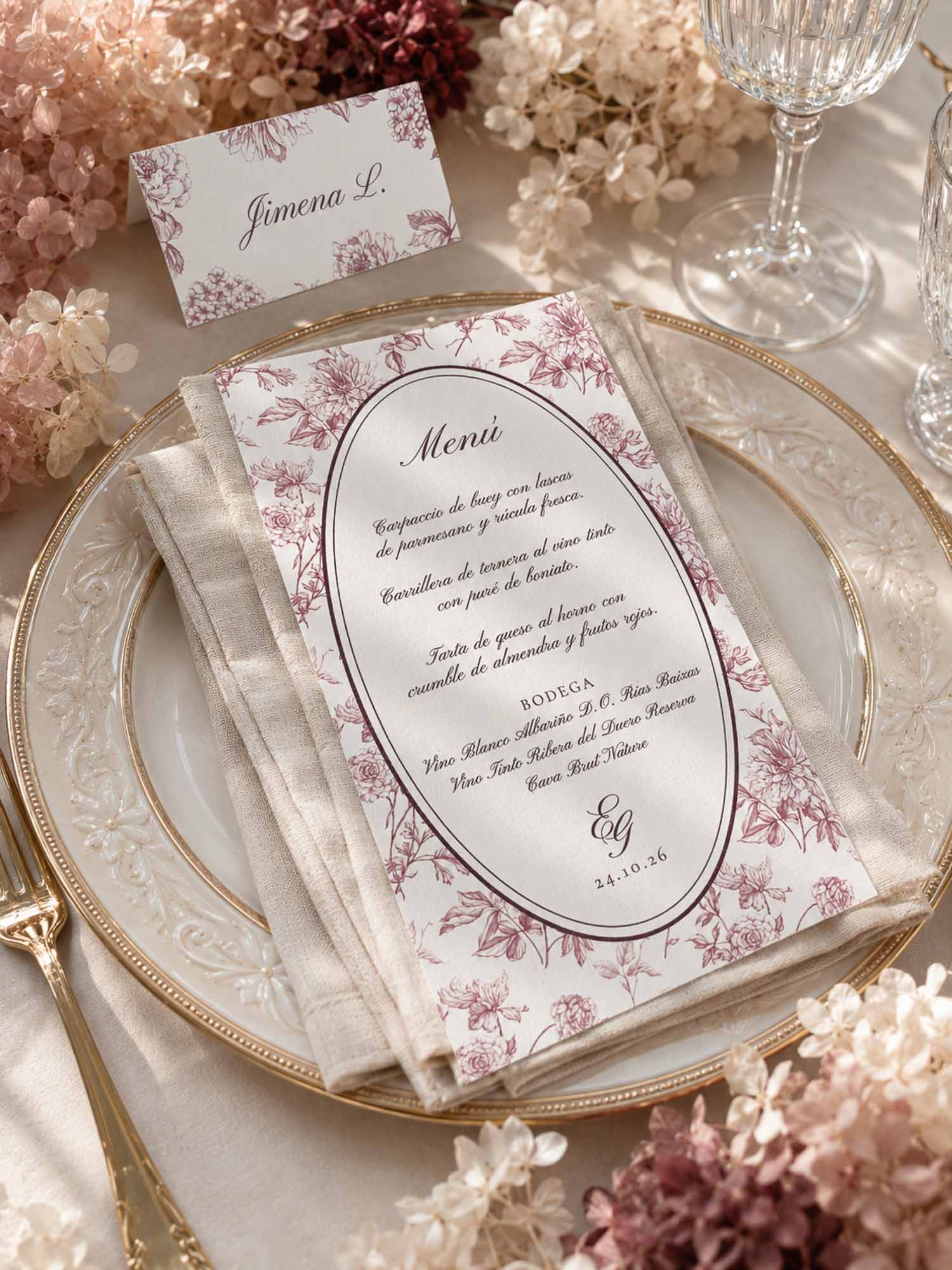 Menú de boda y puesto de mesa Elodie Burdeos