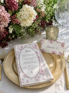 Menú de boda Elodie Burdeos con puesto de mesa personalizado sobre plato dorado y flores.