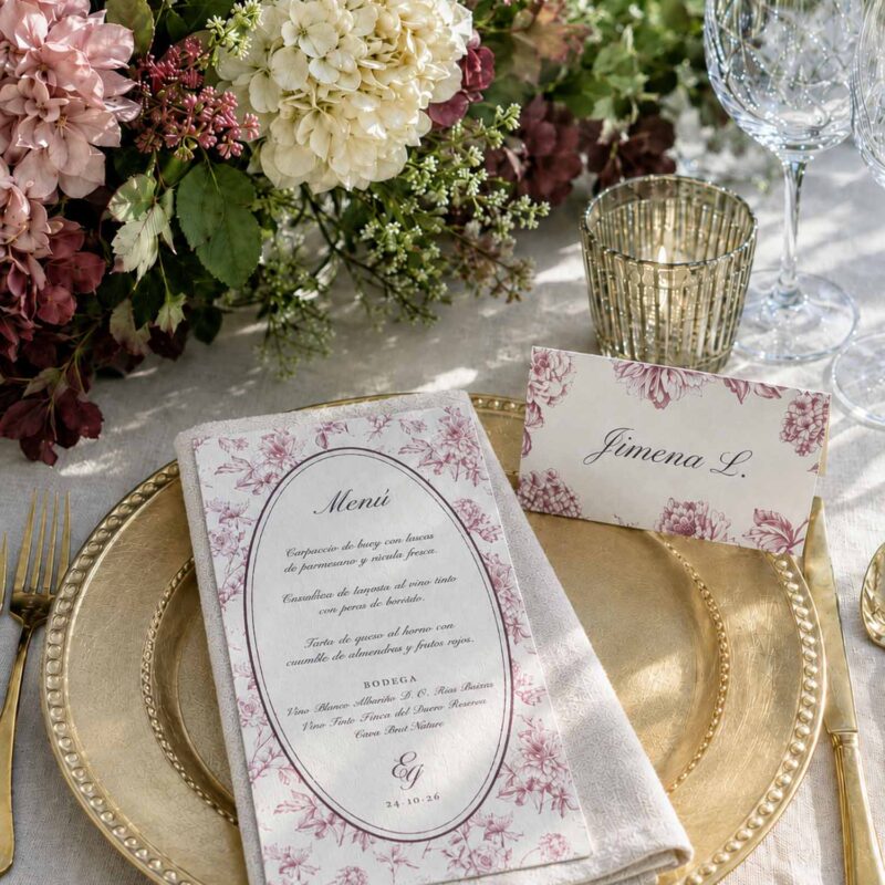 Menú de boda Elodie Burdeos con puesto de mesa personalizado sobre plato dorado y flores.