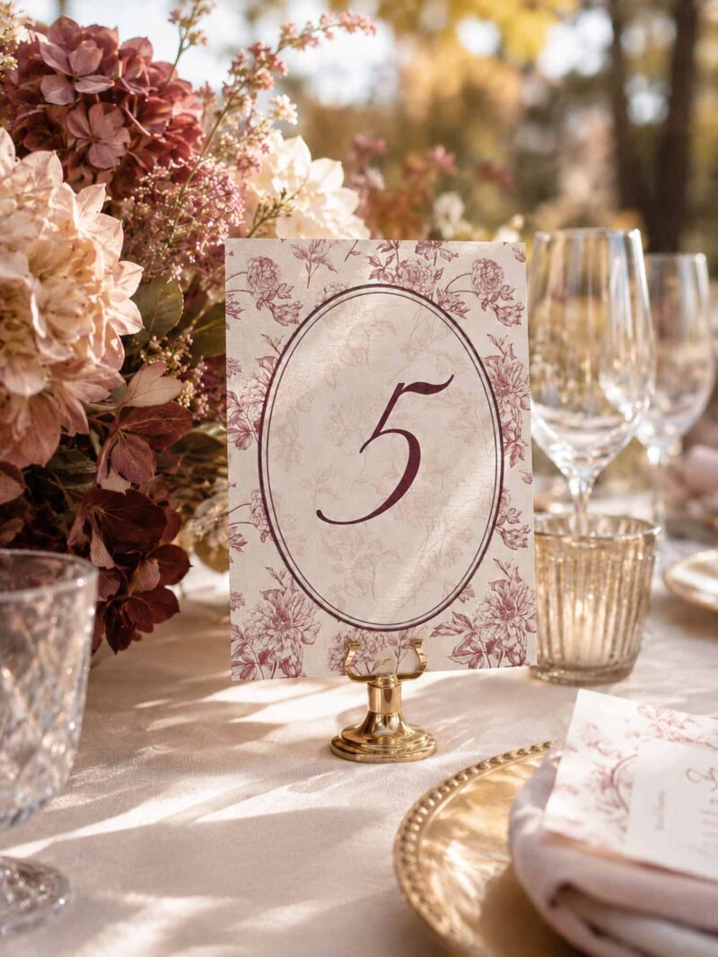 Número de mesa Elodie Burdeos en papel verjurado sobre mesa de boda con flores y cristalería.