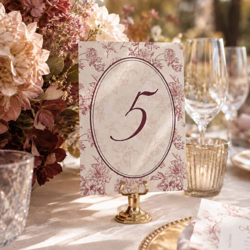Número de mesa Elodie Burdeos en papel verjurado sobre mesa de boda con flores y cristalería.