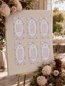 Seating plan Elodie Burdeos en panel de boda con tarjetas florales y decoración de flores.