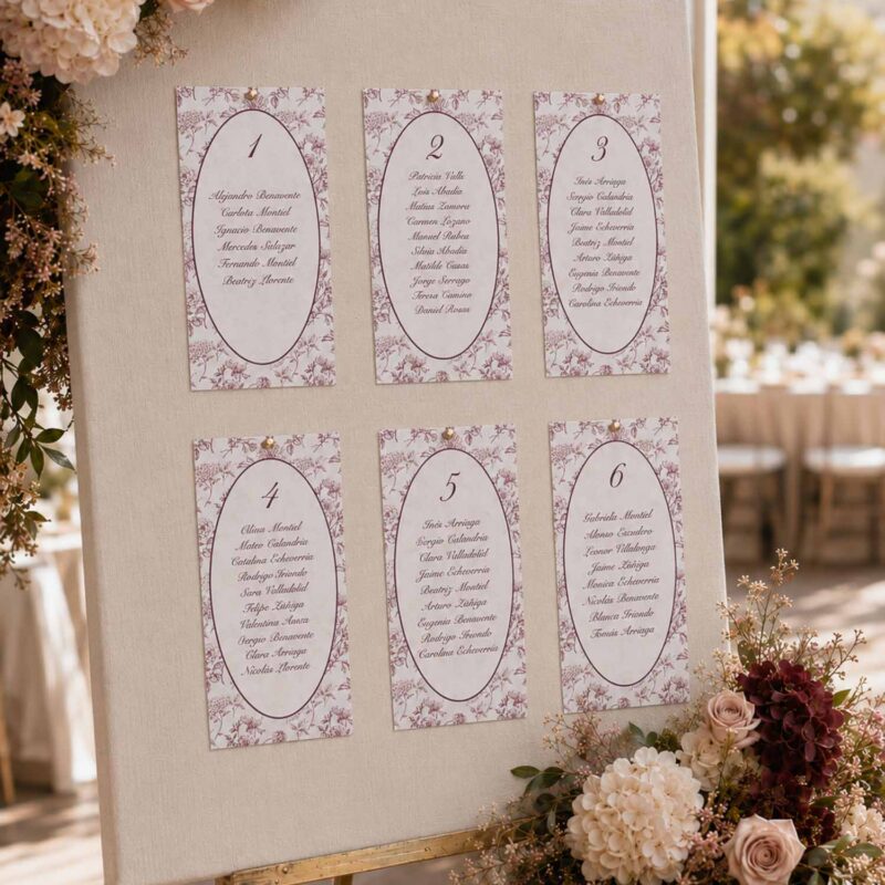 Seating plan Elodie Burdeos en panel de boda con tarjetas florales y decoración de flores.